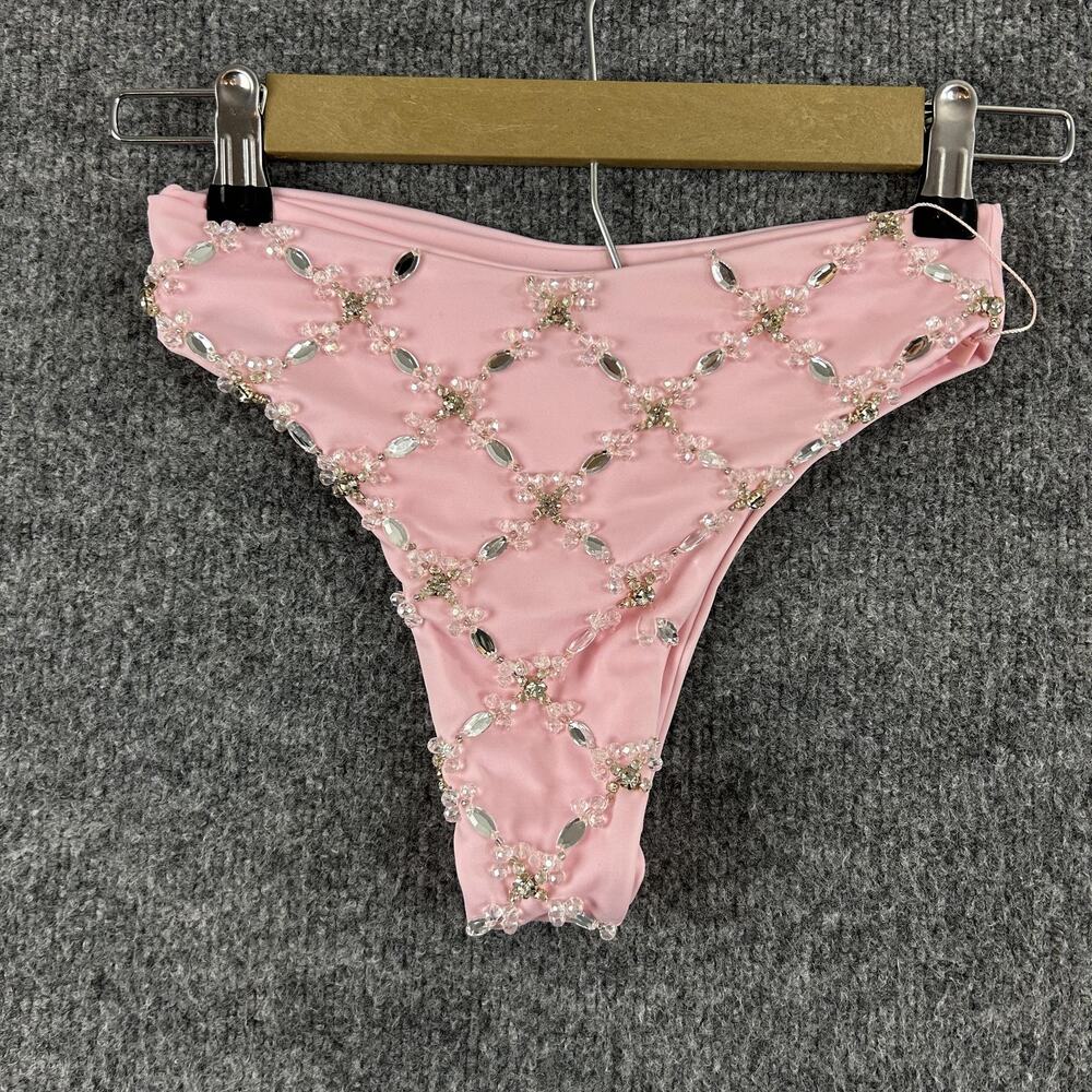 Oceanus Bikini Set XS Pink Embellished Triangle Top Bottom Rhinestone Beach Pool - Picture 6 of 12